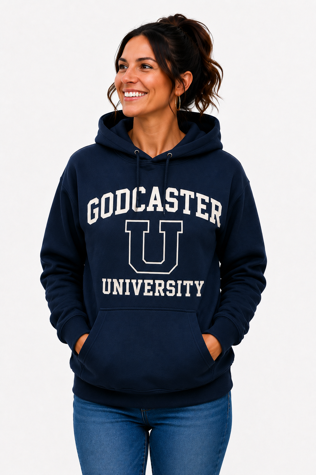 Woman wearing a GodcasterU University hoodie